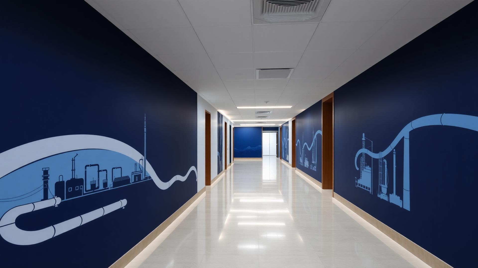 Pasillo de oficina con murales de infraestructura petrolera