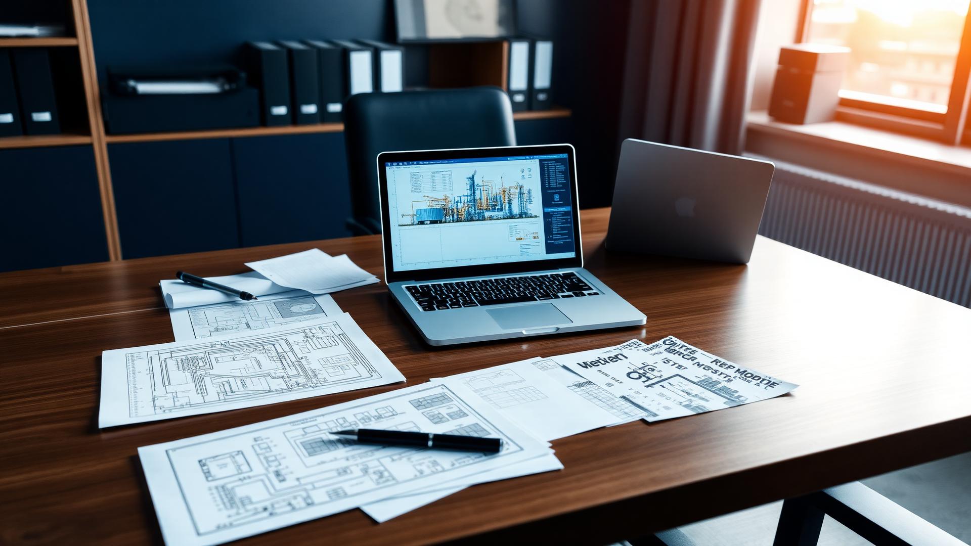 Escritorio corporativo con planos y laptop de la industria energética