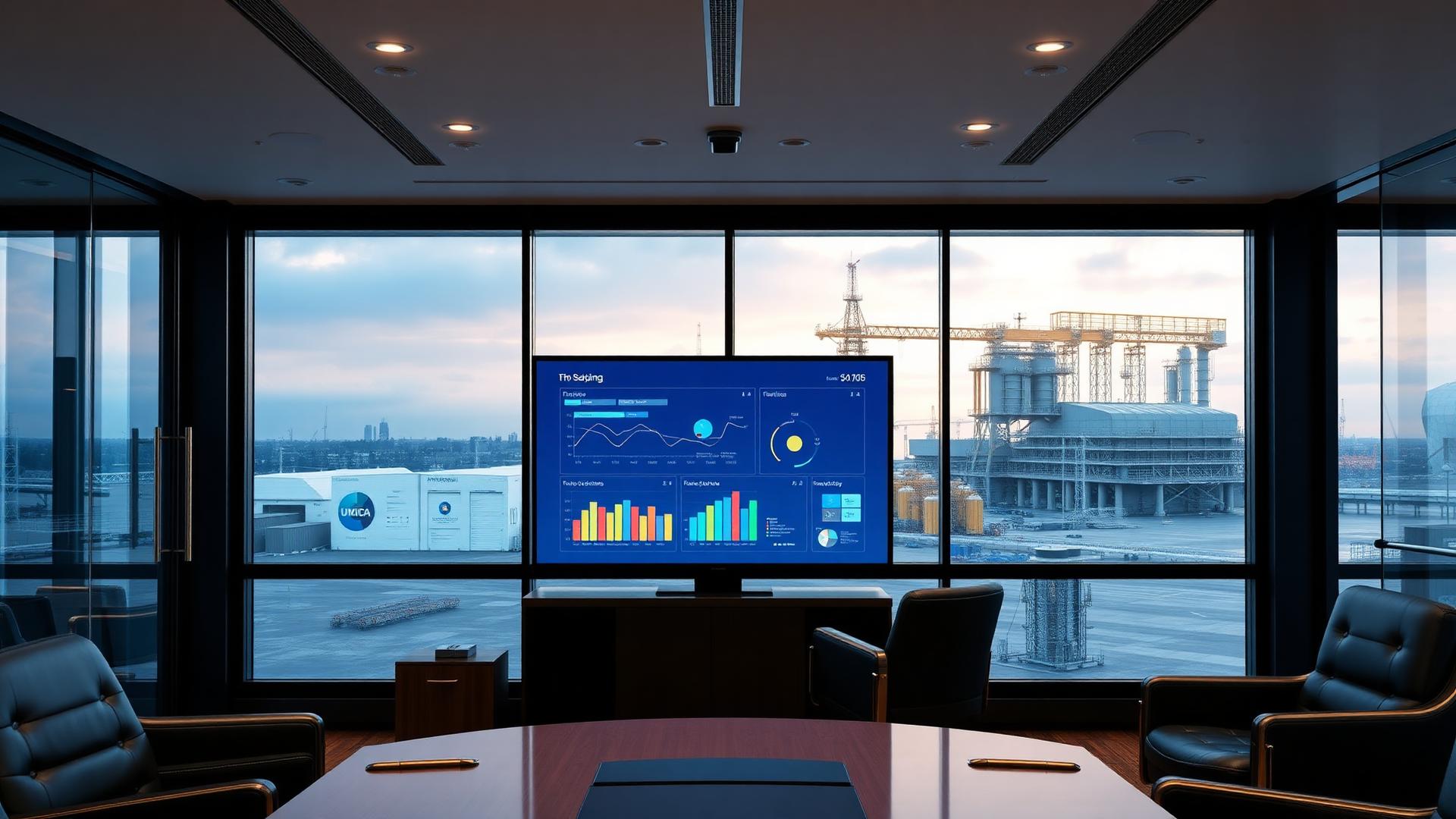 Boardroom con pantalla de dashboards y vista a instalaciones industriales